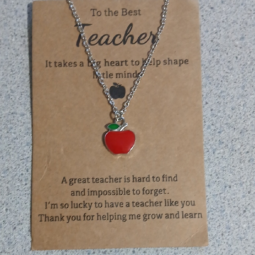 Apple Pendant Necklace for Teachers Silvertone Red Apple 18" + 3" Extender